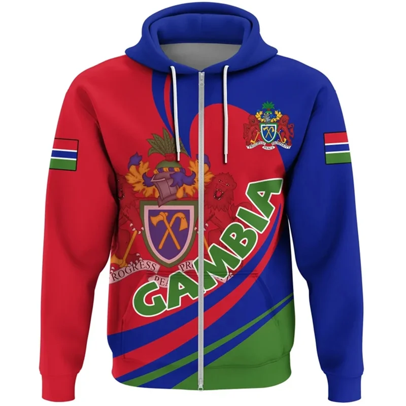 Vintage 3D African Dashiki Gambia National Flag Rinting Zip Up Hoodies The Republic-f The Gambia Emblem Graphic Zip Hoodie Tops