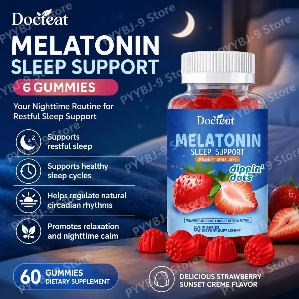 Docteat Melatonin Sleep Aid Gummies Supports Restful Sleep and Healthy Sleep Cycles Promotes Nighttime Relaxation 60 Gummies