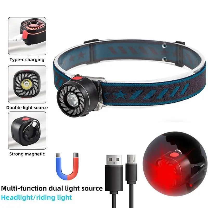 Multipurpose Headlamp Rechargeable Waterproof Headlamp with Warning Tail Light Red Leds Dual Light Source Bicycle Light