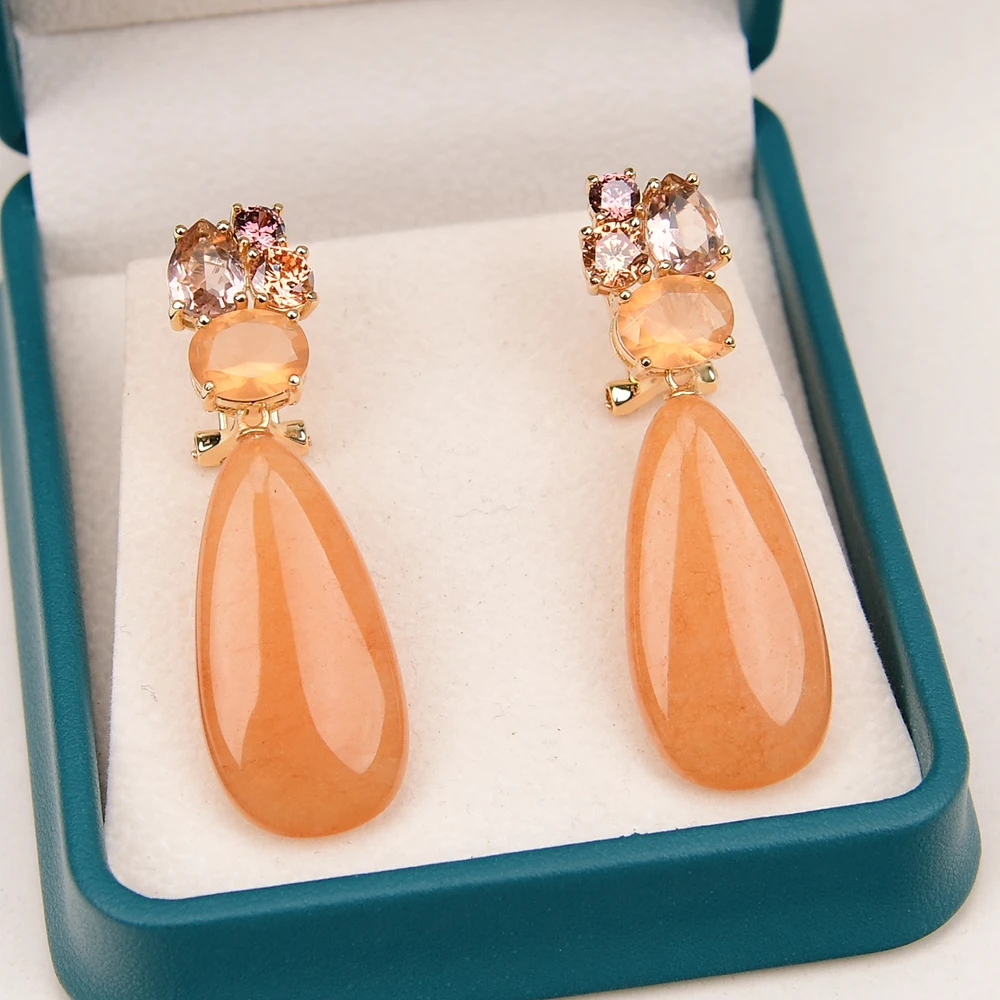 GG Natural Stone Yellow Jades Mix Color Crystal Gold Color Teardrop Stud Earrings Luxury Lady Party Jewelry Cute Gifts