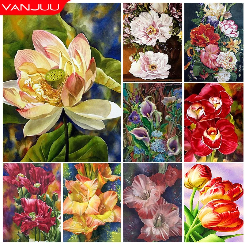 

Diamond Embroidery Flower Cross Stitch Kit Tulip Lotus Diamond Painting Full Drill DIY Home Decor Mosaic Art Handmade Gift