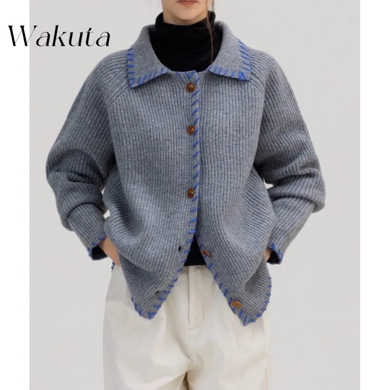 WAKUTA Japanese Classic Lapel Long Sleeve Color Collision Knitted Cardigan Temperament Loose Versatile Jumpers Chic Commuter Top