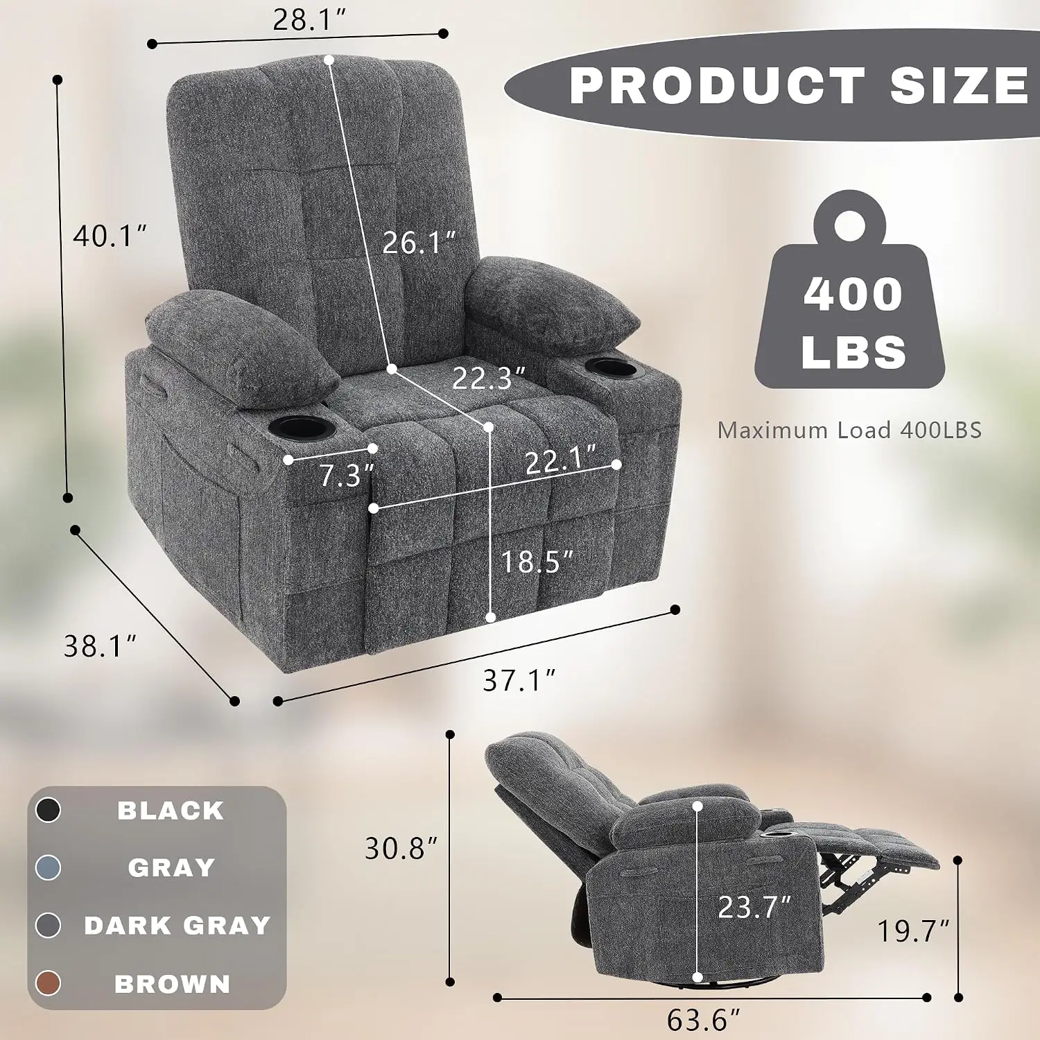 Swivel Rocker Recliner Chair,Recliner Single Sofa with Cup Holders, Manual Nursery Rocking Chair with Side Pockets, Customized
