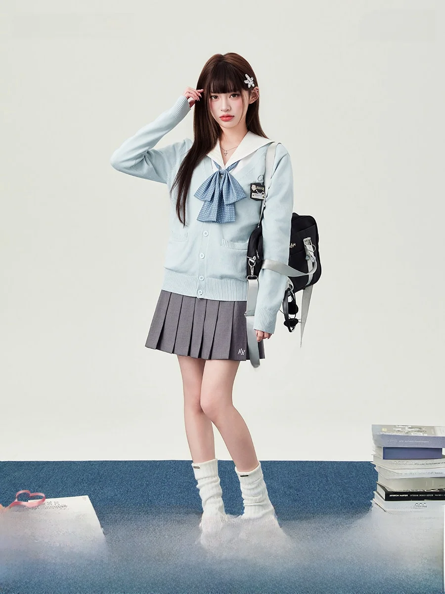 

Light Blue Knitted Cardigan Jacket School Uniform Style Long Sleeve Three-piece Set Women's Fashion Outerwear for All Seasons