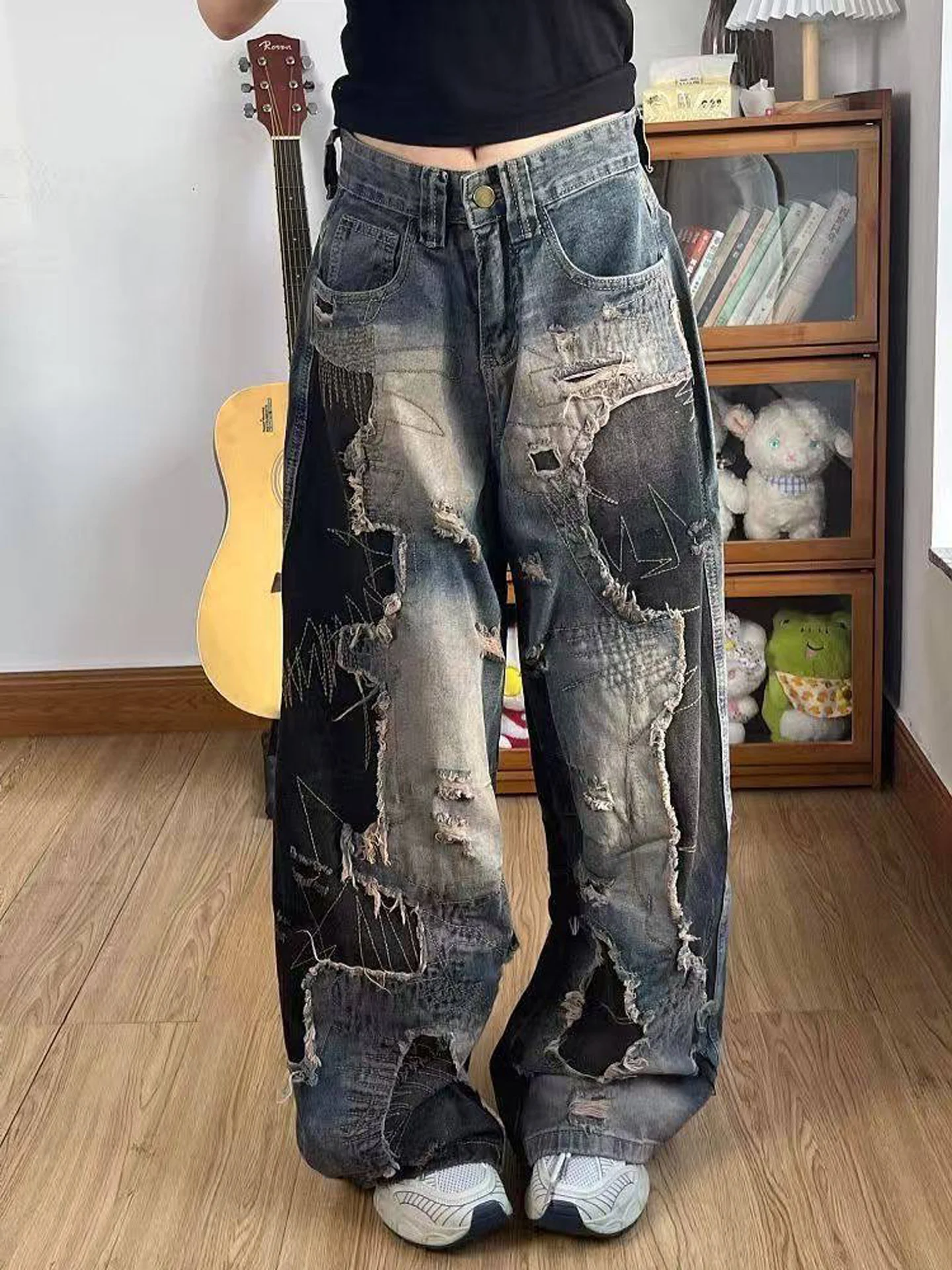 American High Street Style Black Tie Dye Hole Denim Pants Women's Design Vintage Loose High Waist Slim Wide Leg Jeans