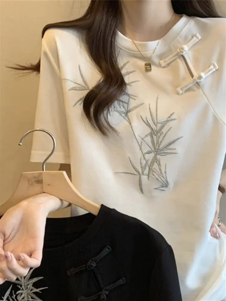 New Chinese Style Bamboo Embroidery Short Sleeve T-Shirt Women's Summer Loose Slimming Large Size Top Asymmetrical Design rou...