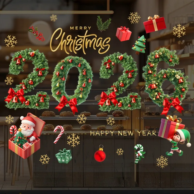 Weihnachtsdekoration 2026, grüne Kiefernnadel, Glocke, Fensteraufkleber, für drinnen und draußen, Glastüren, Fenster, elektrostatische Aufkleber