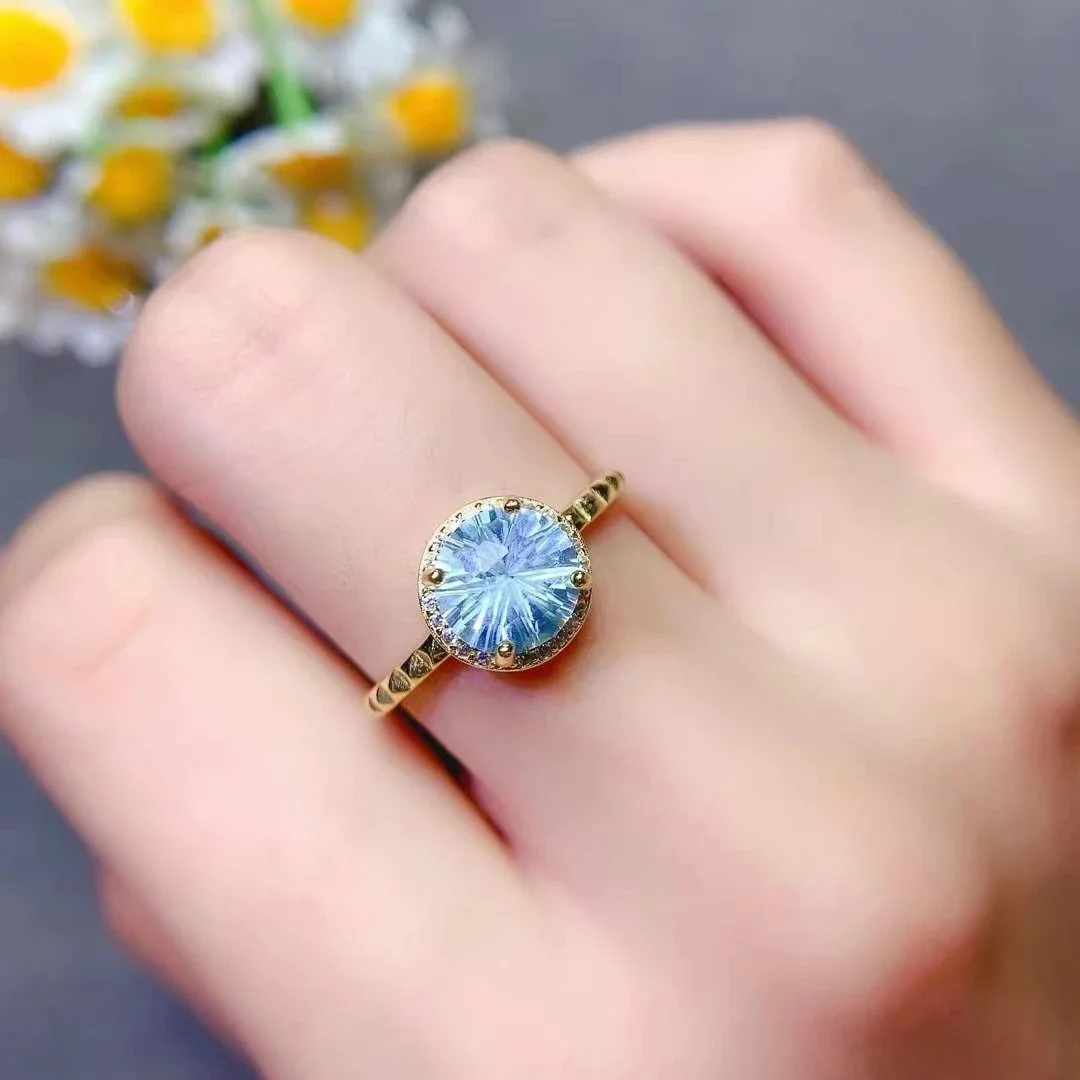 

Light Blue Natural Topaz Ring 8mm 2ct VVS Grade Topaz Jewelry 18K Gold Plated 925 Silve R Gemstone Ring for Daliy Wear