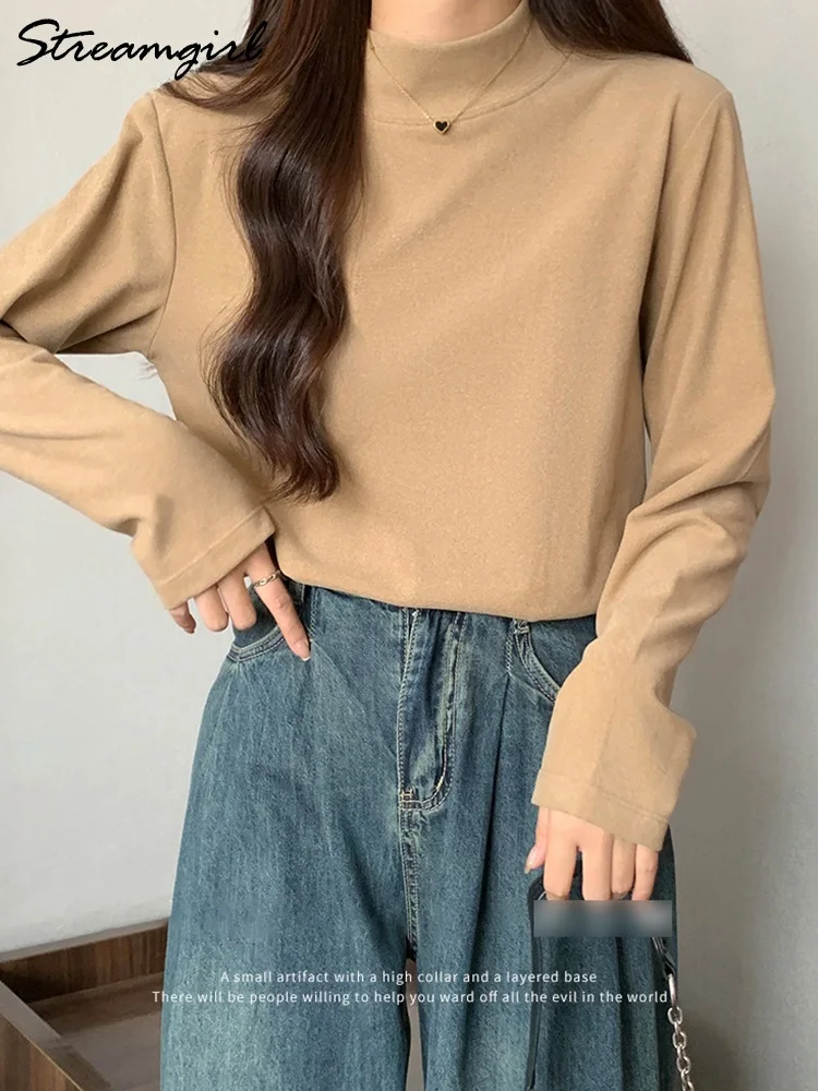 Basic T Shirt Women Winter Long sleeve Half High Collar T-shirts High Strecth Warm Inner Wear T Shirts For Winter Women Korean