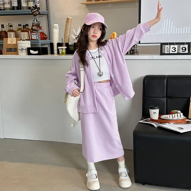 

Girls Spring Set 2024 New Fashionable Korean style Western style cardigan hoodie and skirt two-piece set