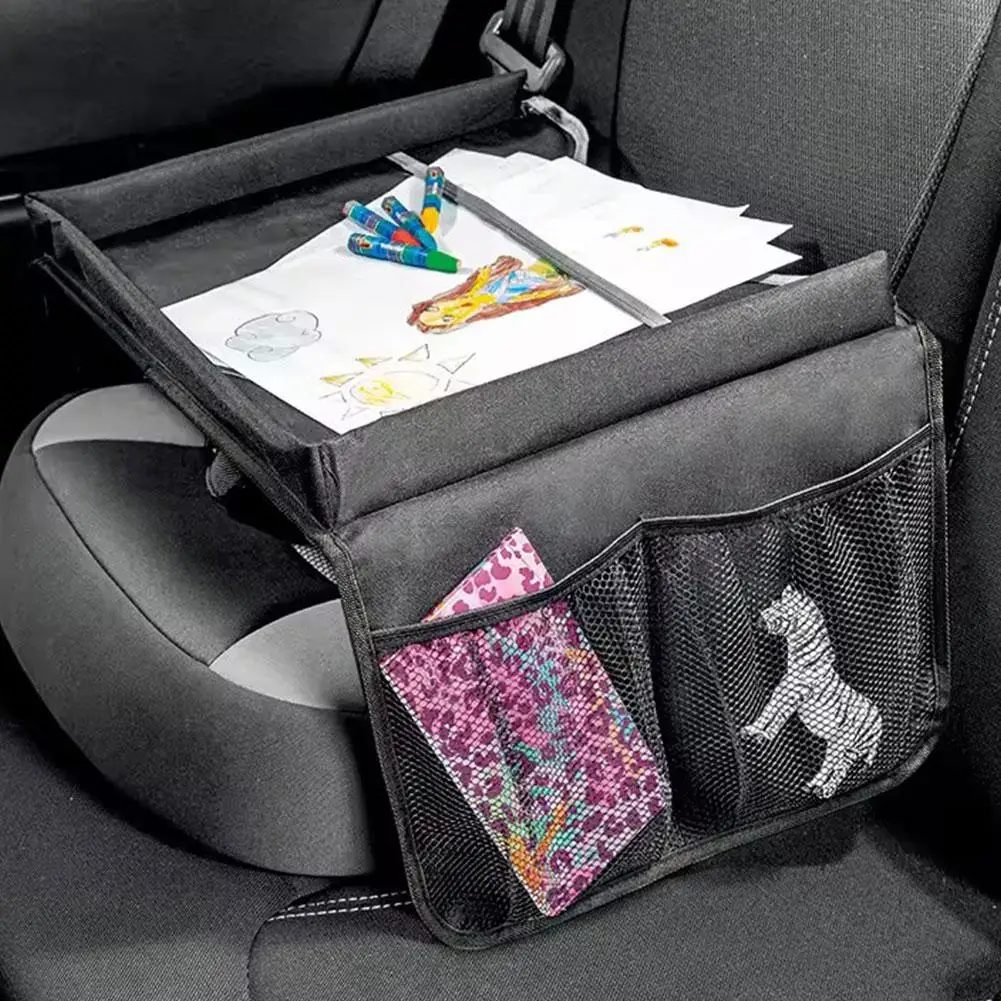 Foldable Car Seat Travel Tray Portable Car Interior Safety Seat Play Table with Storage Pockets For Kids Dining Drawing Organize