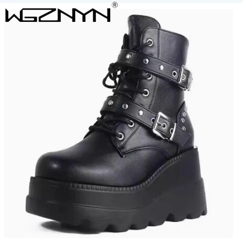 2024 Punk Gothic Style Vintage Western Boots for Women Black Rivets Buckle Strap Platform Wedges Motorcycles Ankle Boot Shoes