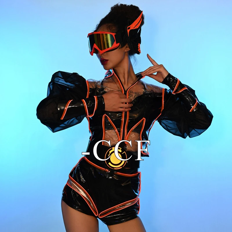 テックスタイル黒革ポールダンス衣装女性ゴーゴーダンサー衣装バーナイトクラブ DJ DS レイブ服ステージ服 XS10091