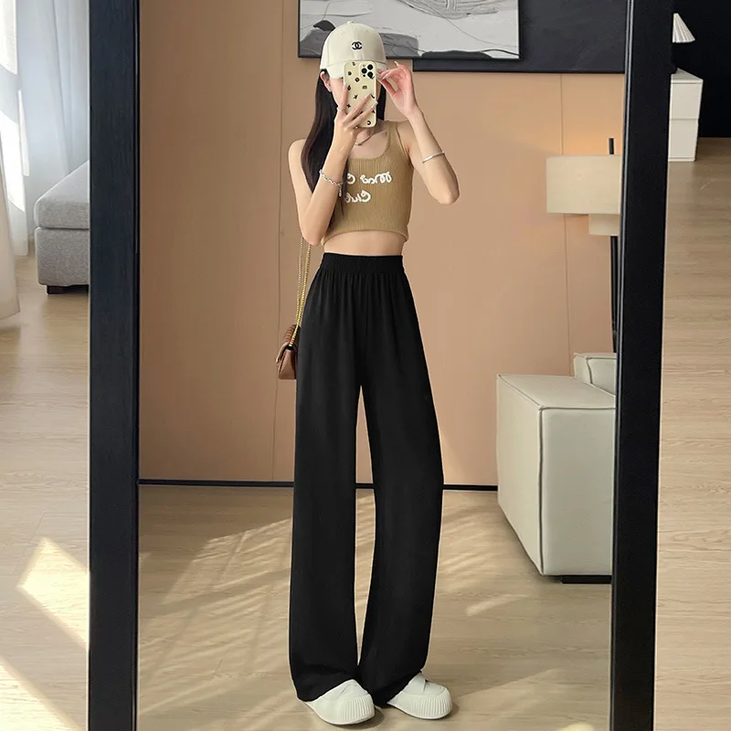 Ice Silk Wide-Leg Pants Women Cool Sweatpants Summer Thin Pleat Loose Straight Pants Office Lady Casual Long Trousers NS5856