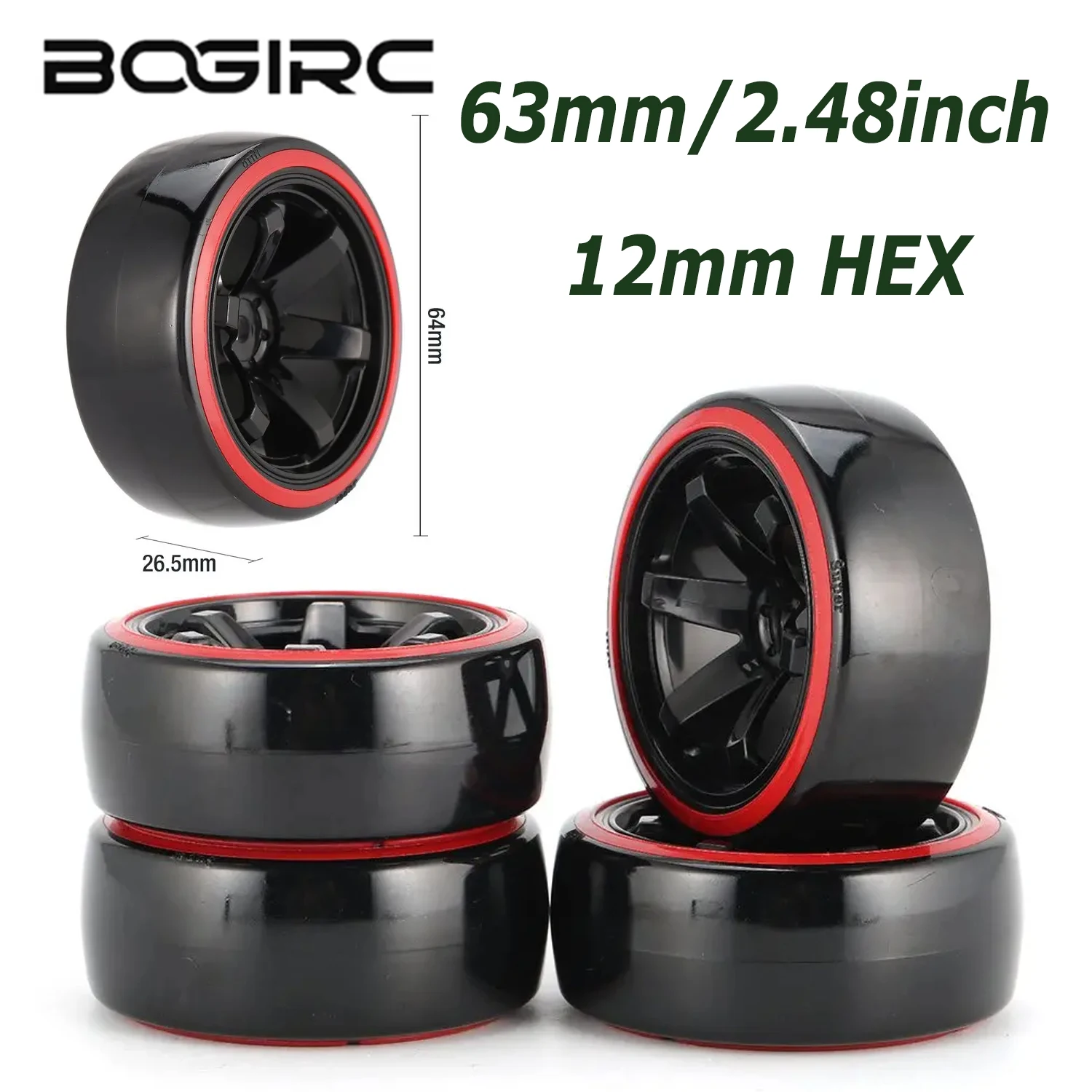 

Комплект из 4-х жестких пластиковых колес BOGIRC 63 мм/2,48 дюйма с шинами и дисками, шестигранный крепеж 12 мм, для радиоуправляемых дрифт-моделей 1/10, гоночных машин и DIY-проектов