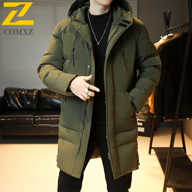 COMXZ Men's New Winter Mid-Length Cotton Jacket Korean-style Loose Fit Plus Size Hooded outdoor sports Warm tactics 2025 Coat