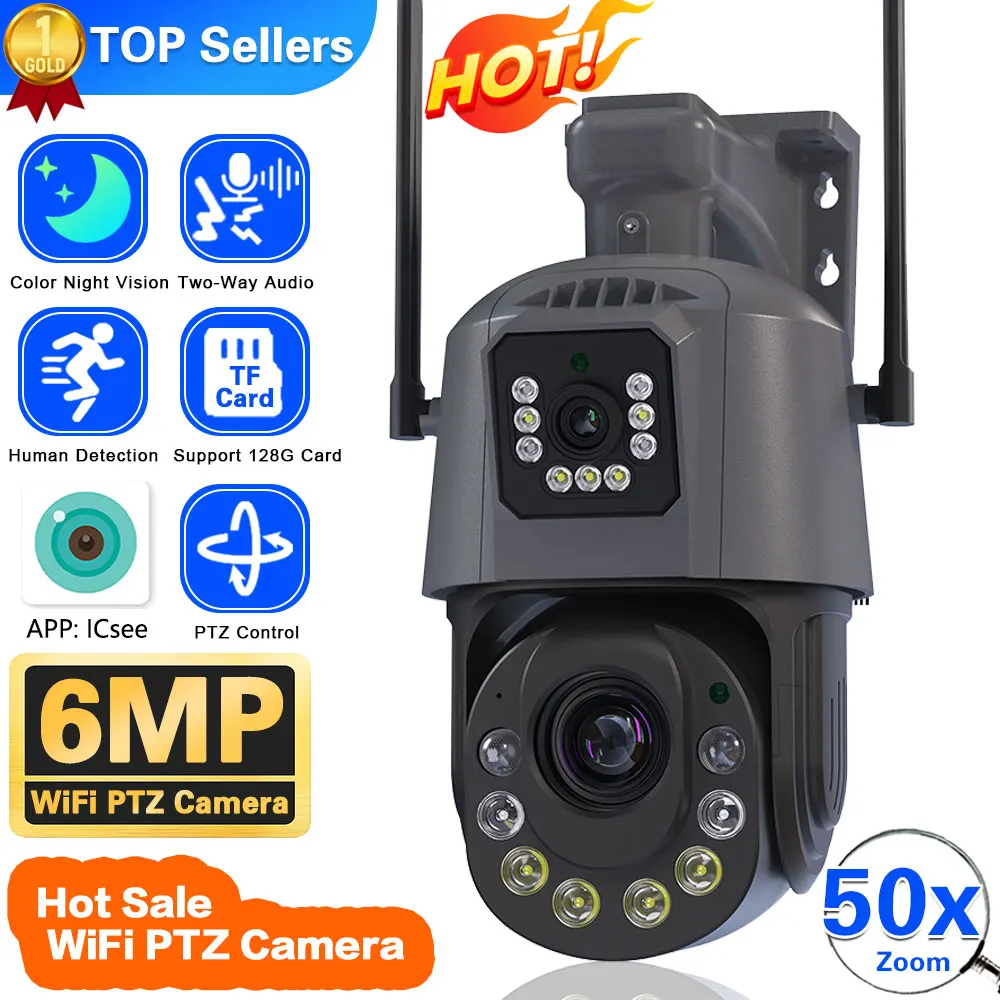 

6MP Wifi PTZ IP Camera Outdoor Dual Lens Dual Screen 50x 30X Zoom Human Detection Wireless CCTV Security Surveillance Camera 2K