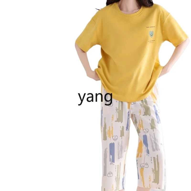 

yjq pajamas women's summer pure cotton short-sleeved cropped pants with chest pads, breathable and wearable loungewear suit