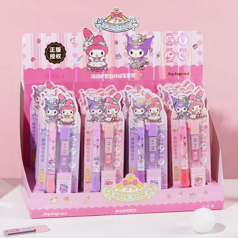 24pcs Sanrio Mechanical Pencil Set 2B 0.5mm Pen Eraser Stationery Girl Cute Kuromi MyMelody School Supplies wholesale