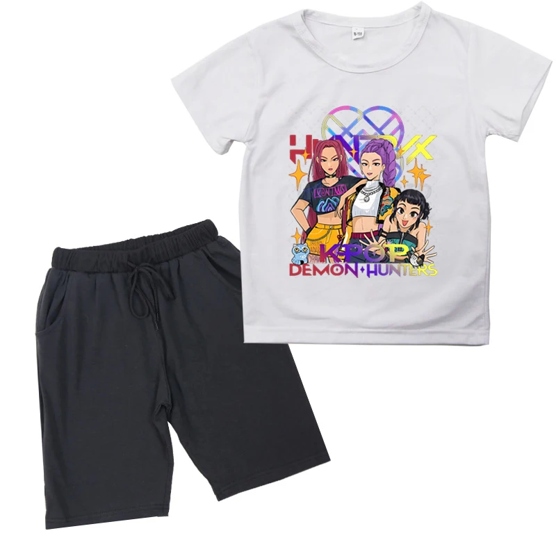 

KPop Demon Hunters Kids T-shirt Suit Cartoon Print Cool Kids Tee Harajuku Top 2025 Movie Fans Gift T-shirt + Pants 2 Piece Set