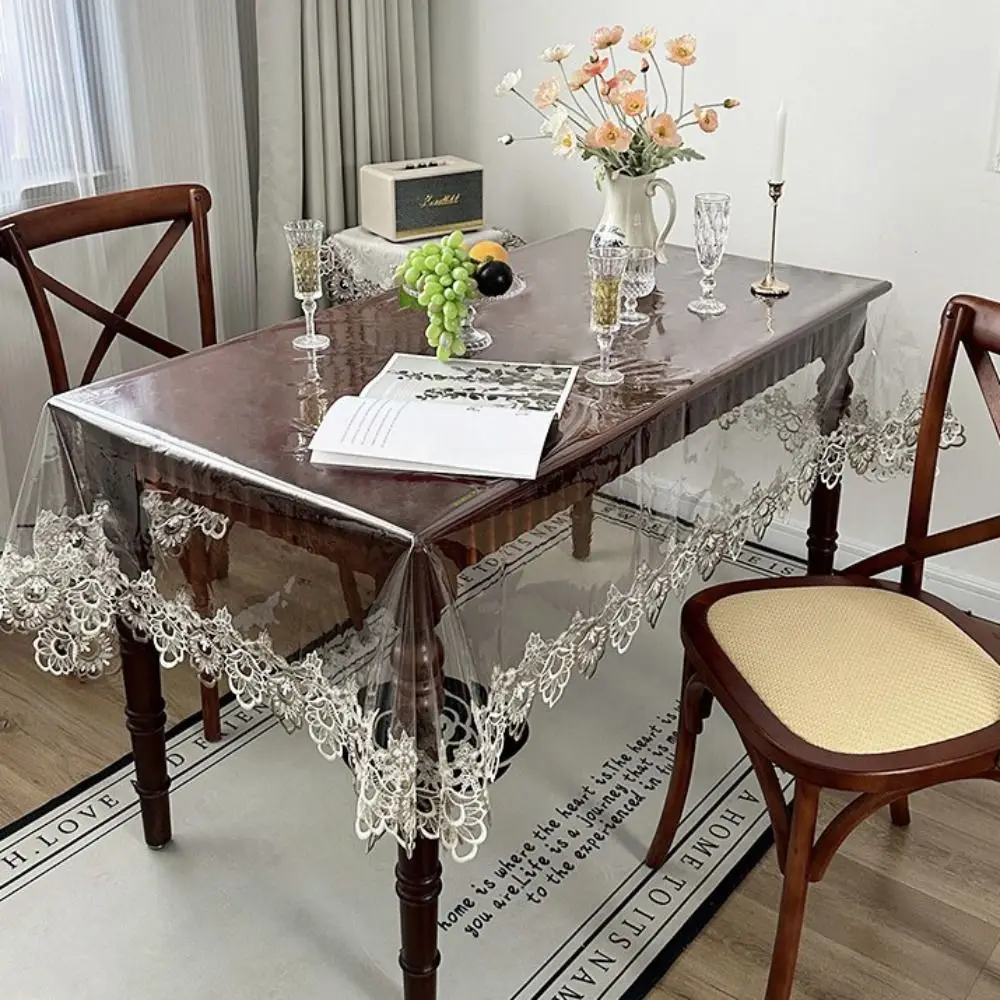 Waterproof PVC Tablecloth European Style Lace Embroidered Desk Mat Oil Proof Transparent Dining Table Cover Coffee Table