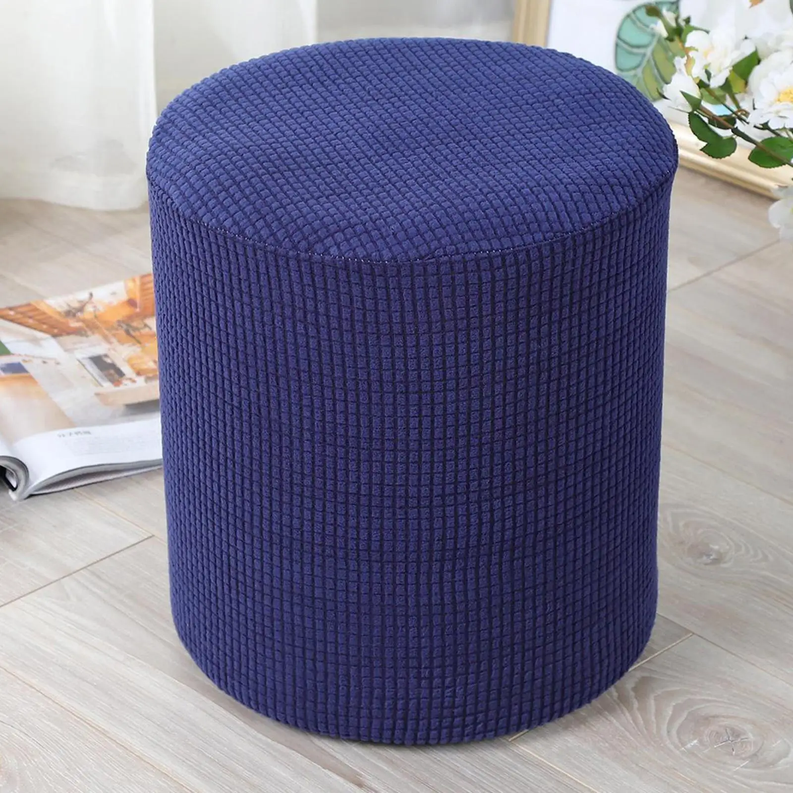 Protective Round Ottoman Slipcover Textured Checked Velvet Stretch Furniture Cover for Footstool House