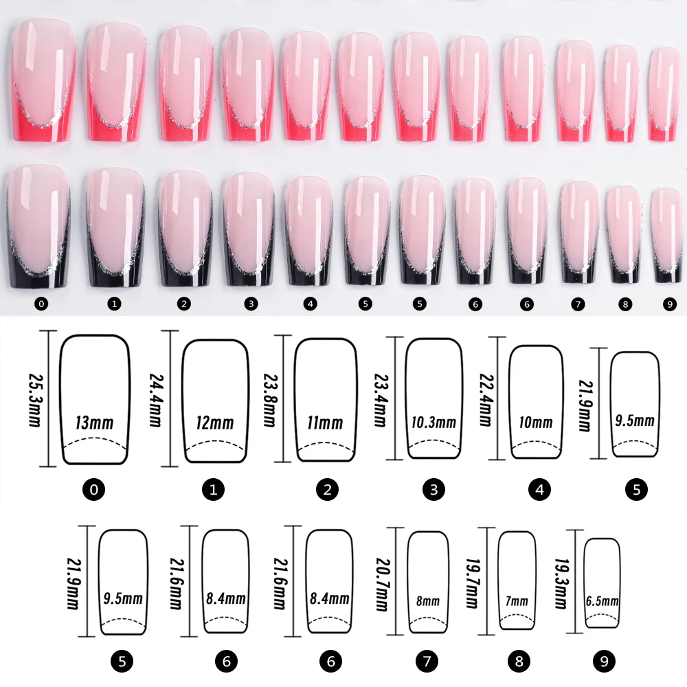 96 teile/satz Glitter Streifen Französisch Gefälschte Nägel Rosa Rot Blau Schwarz Lange Sarg Drücken Auf Nägel 3D Romantische Glänzende Ballett Falsche nägel *