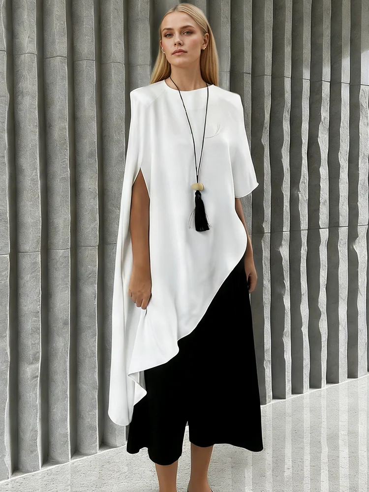 Trendix White Asymmetrical Cover Up For Women Fashion Ruffle Hem Loose Short Sleeve Shirts Casual Elegant Commuting Pullover Top