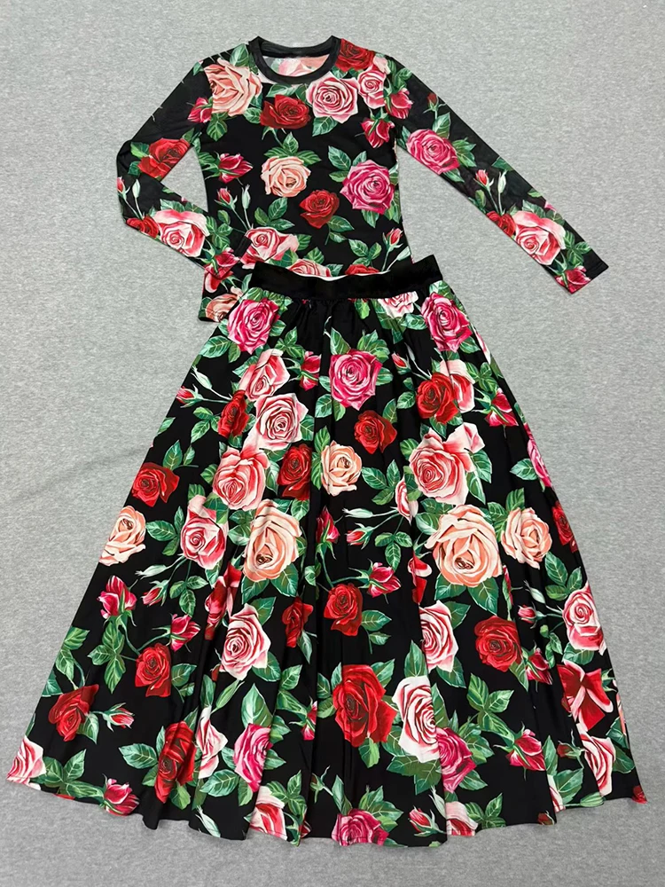 Conjunto de duas peças de camiseta de malha de malha estampada retrô do designer para roupas femininas de outono 2025 + cintura elástica saia solta conjunto de moda