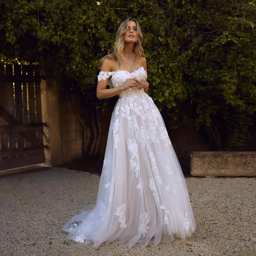 Boat Neck Off The Shoulder A Line Wedding Dress With Lace Appliques Nude Lining Ivory Lace Tulle Bridal Gown