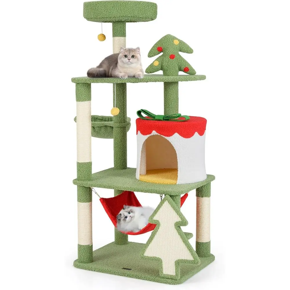 

52 High Christmas-Themed Cat Tree with Sisal Posts, Plush Perch, Condo, Toys, Basket Bed, and Hammock