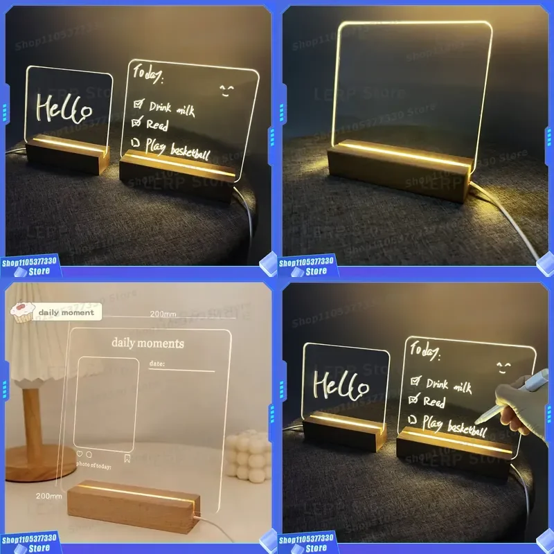 Transparent Acrylic Message Board With Wooden Base USB Flash Drive Glowing Handwritten Erasable Note Display For Home Office