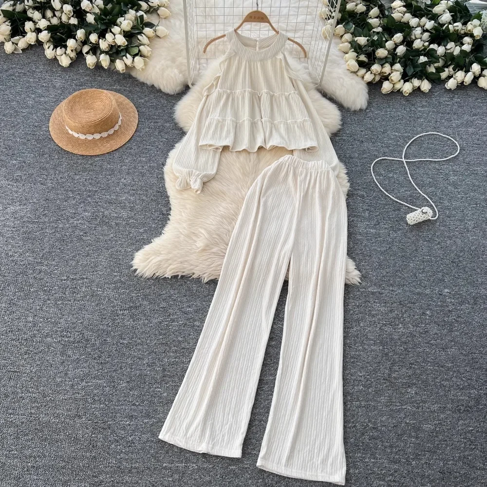 Spring and Autumn Gentle Style Casual Suit for Women Sweet Off-shoulder Halterneck Long-sleeved Top High-waisted Straight Pants