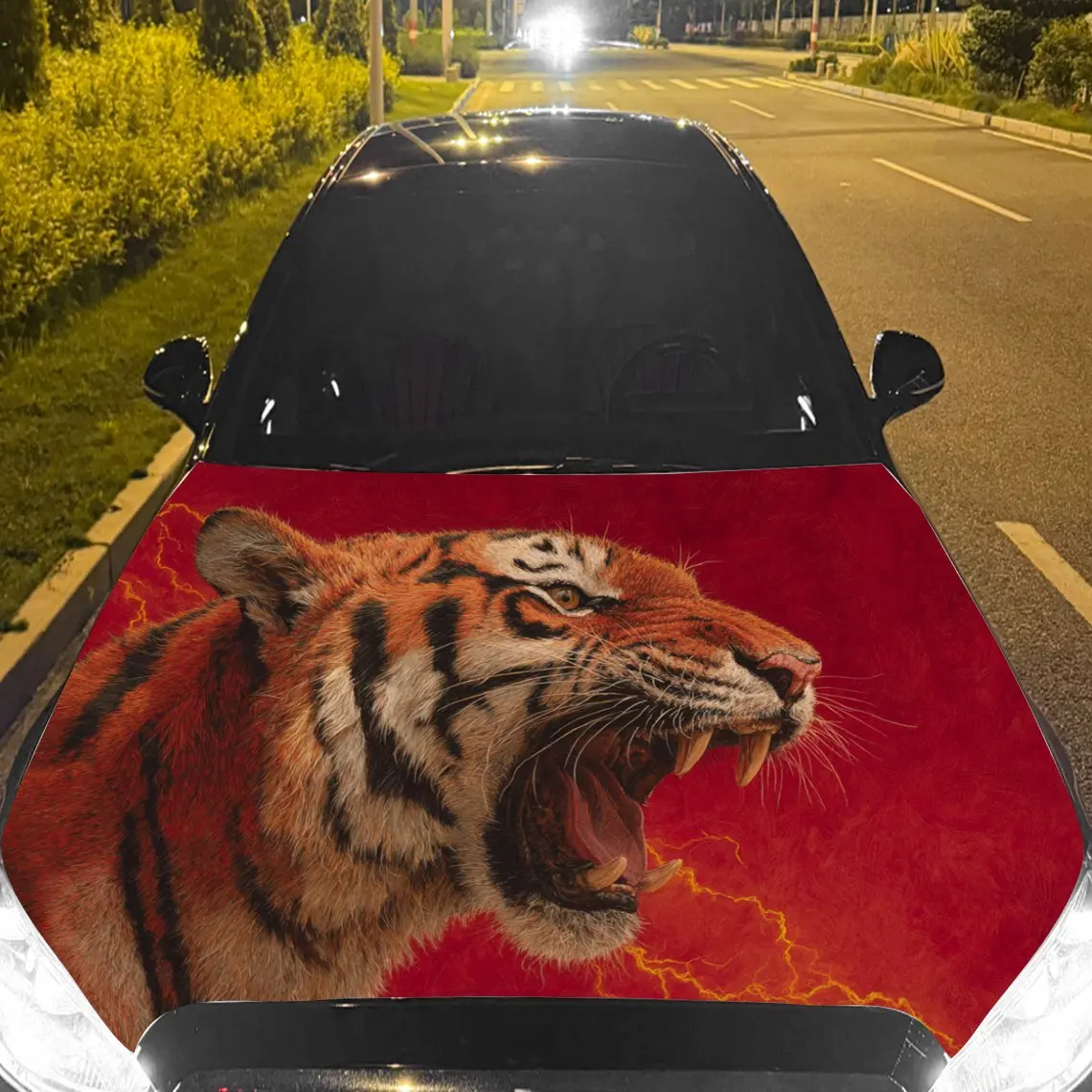 Car Decals Tiger with Vibrant Orange Fur, a Roaring Expression, and a Bold Red Backdrop    Car Hood Sticker, Waterproof Self - A
