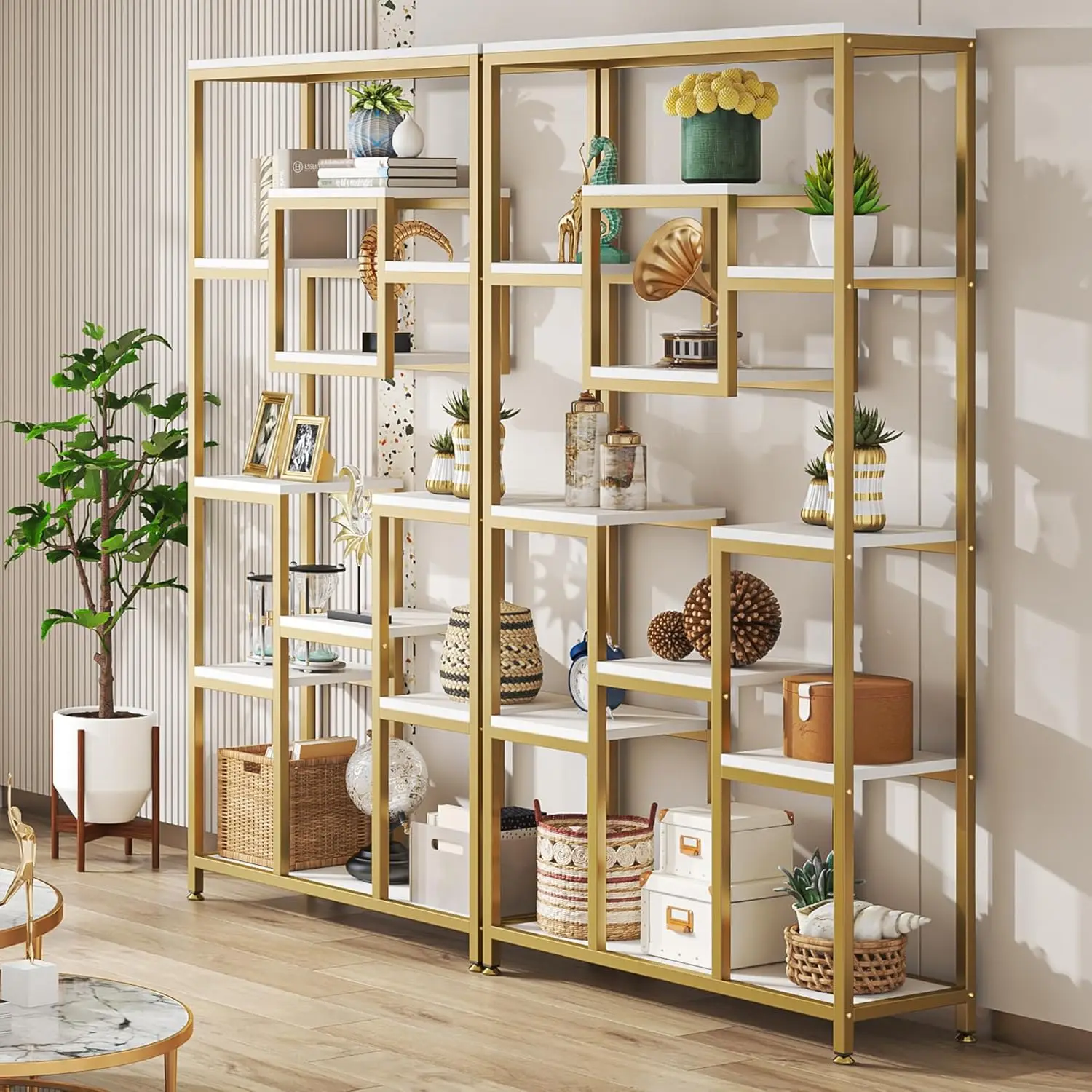 

71" Gold Etagere Bookshelf, Modern 11-Tier Tall Open Display Bookcase Bookshelves, Free Standing Book Shelf for Living Room