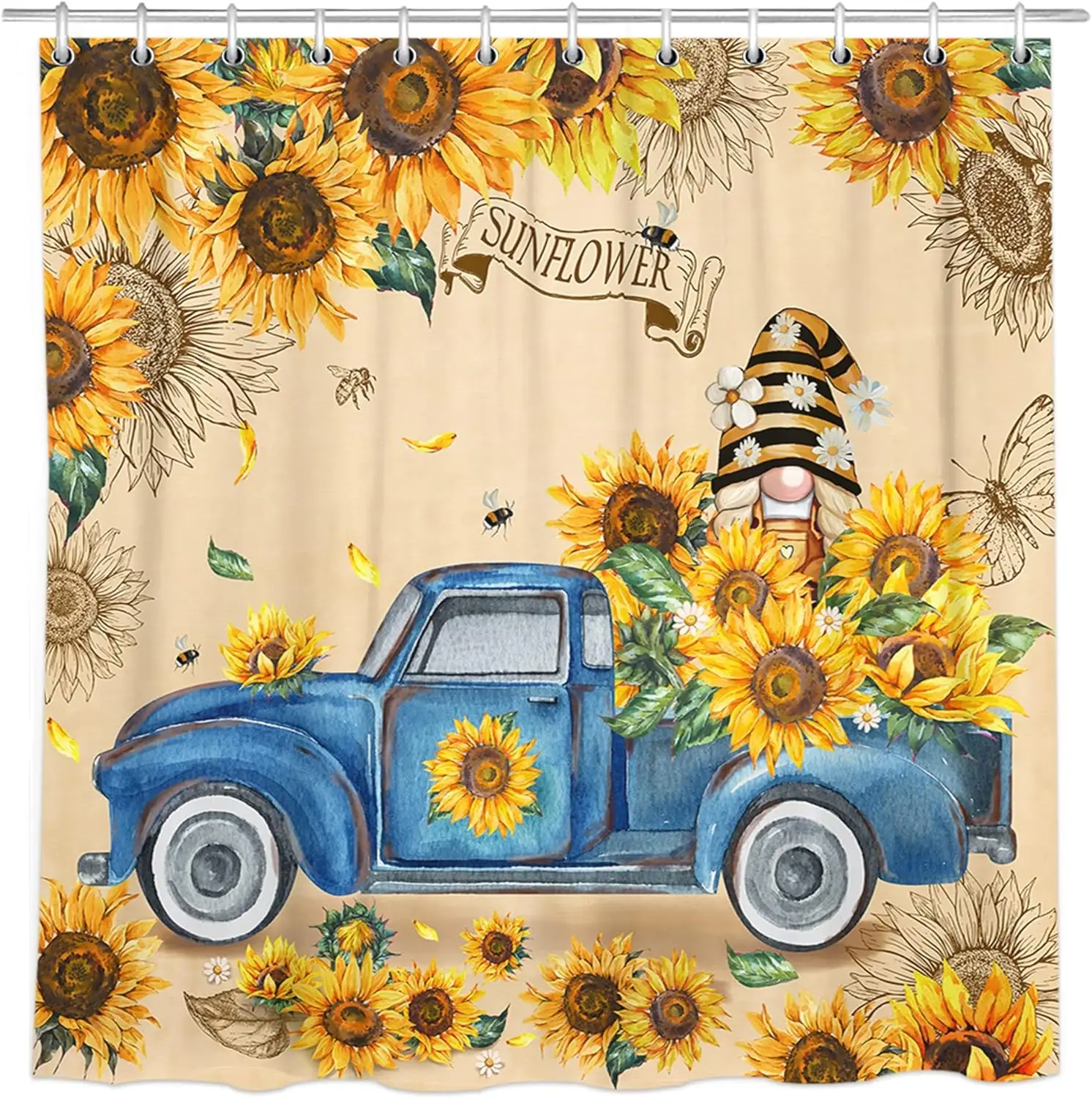 Sunflower Blue Truck Shower Curtain Rustic Farmhouse Highland Cattle Daisy Floral Butterfly Bathroom Decor Fabric with Hooks