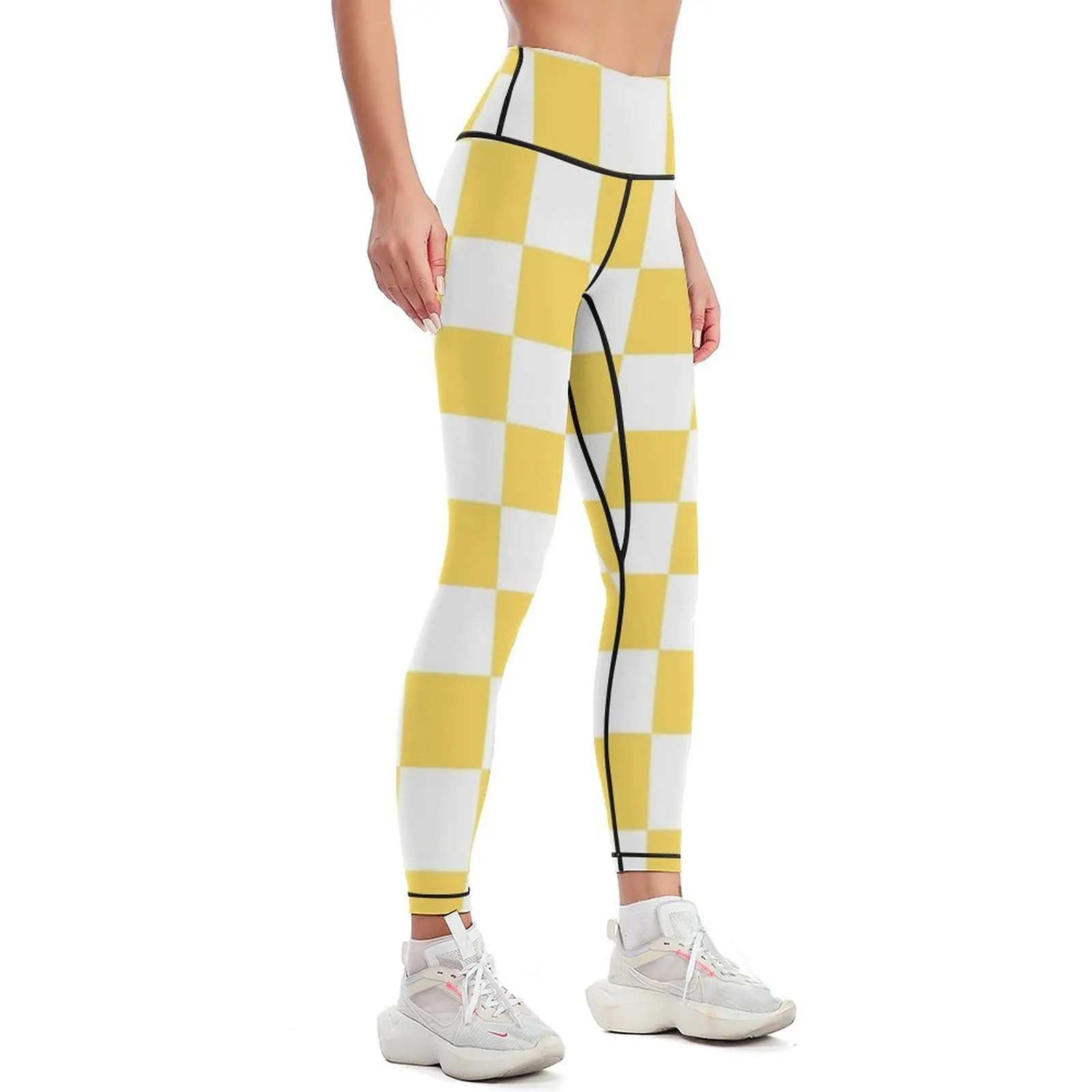 White and Yellow Checkered Leggings for fitness active wear Womens Leggings