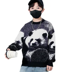 New Spring Teenage Child Panda Sweater For Boys Fashion Knitted Outerwear Kids Gray Color Knitwear Costume with Panda 5-14 Y