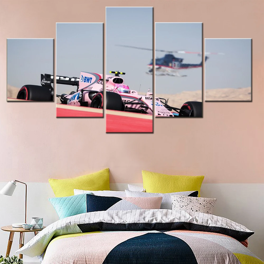 5 Panels Canvas Wall Arts Poster Painting Formula 1 Grand Prix Force India Esteban Ocon Bahrain Wallpaper Home Decor Living Room