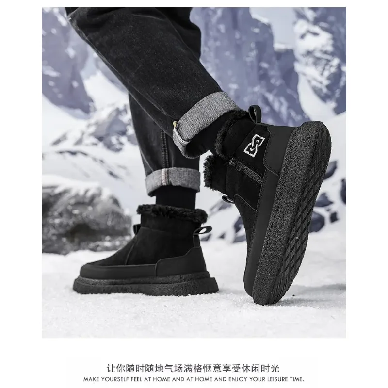 أحذية الثلوج الشتوية لعام 2025 دافئة بالإضافة إلى أحذية رجالية سميكة مخملية للخروج أحذية قطنية عالية الجودة بنعل سميك ومضادة للتجميد