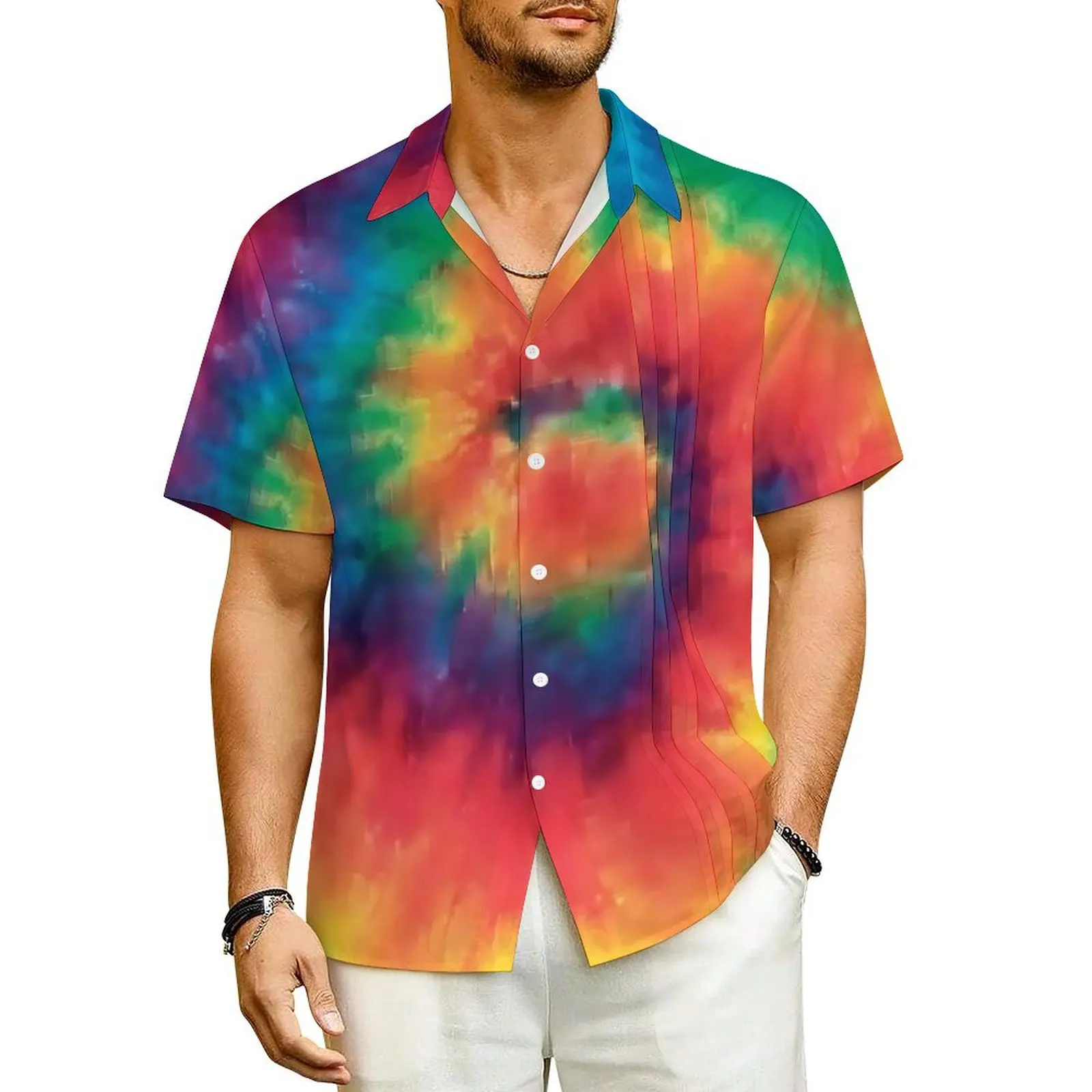 

Hippie Tie Dye Vacation Shirt Spiral Rainbow Hawaiian Casual Shirts Men Novelty Blouses Short Sleeve Harajuku Custom Clothing