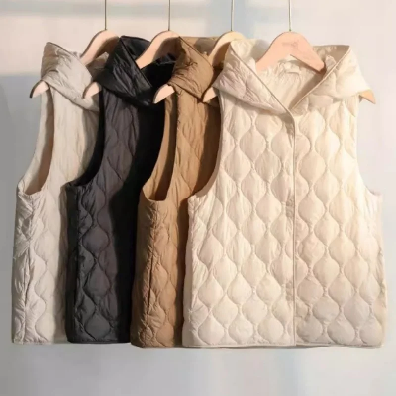 Autumn Winter Women Hooded Down Waistcoat Jacket Ultra Light White Duck Down Vest Parkas Female Warm Sleeveless Short Tank Coat