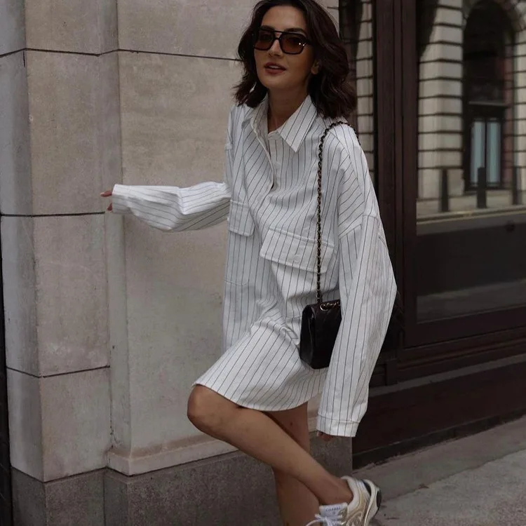 

Striped Pocket Shirt Women Summer Loose Lapel Long Sleeve Fashion Long Shirts Blouses Lady Casual Oversized Tops Streetwear 2025