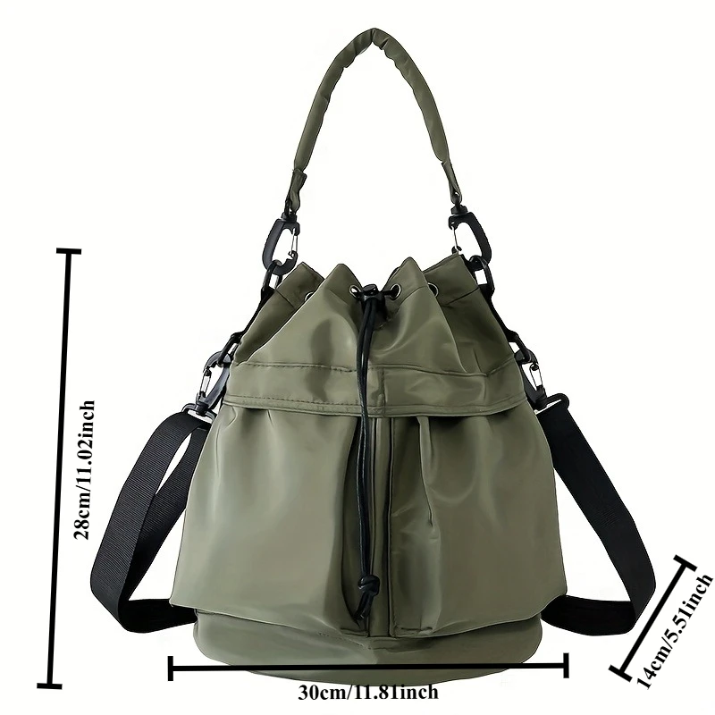 1 قطعة حقيبة دلو نايلون للسيدات مع إغلاق برباط للاستخدام اليومي غير الرسمي حقيبة كتف واحدة محمولة متعددة الطبقات خفيفة الوزن