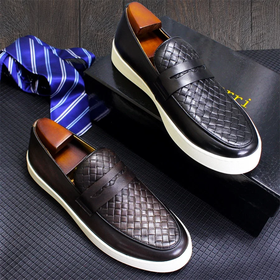 Men\'s  genuine leather casual shoes Comfortable handmade shoes Woven pattern flat shoes Party office men shoes  loafers