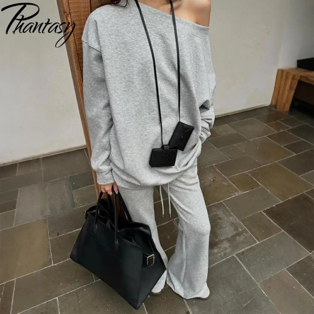 Fantasma y2k outono estilo esportivo conjunto de 2 peças gola inclinada cor sólida solta topo moda esportes alargamento perna calças conjunto roupa feminina