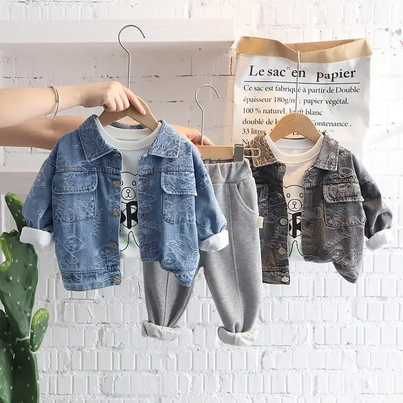 Children Fashion Suit Spring Kids Boy Girl Denim Coat T-shirt Pants 3Pcs/Set Toddler Clothing Infant Sportswear 0-5 Years