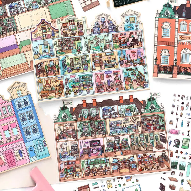 

Card Lover 4 Pcs [Art School Series] Waterproof 3D Jumbo Landscape Stickers Candy Apartment Grid Room For Journal