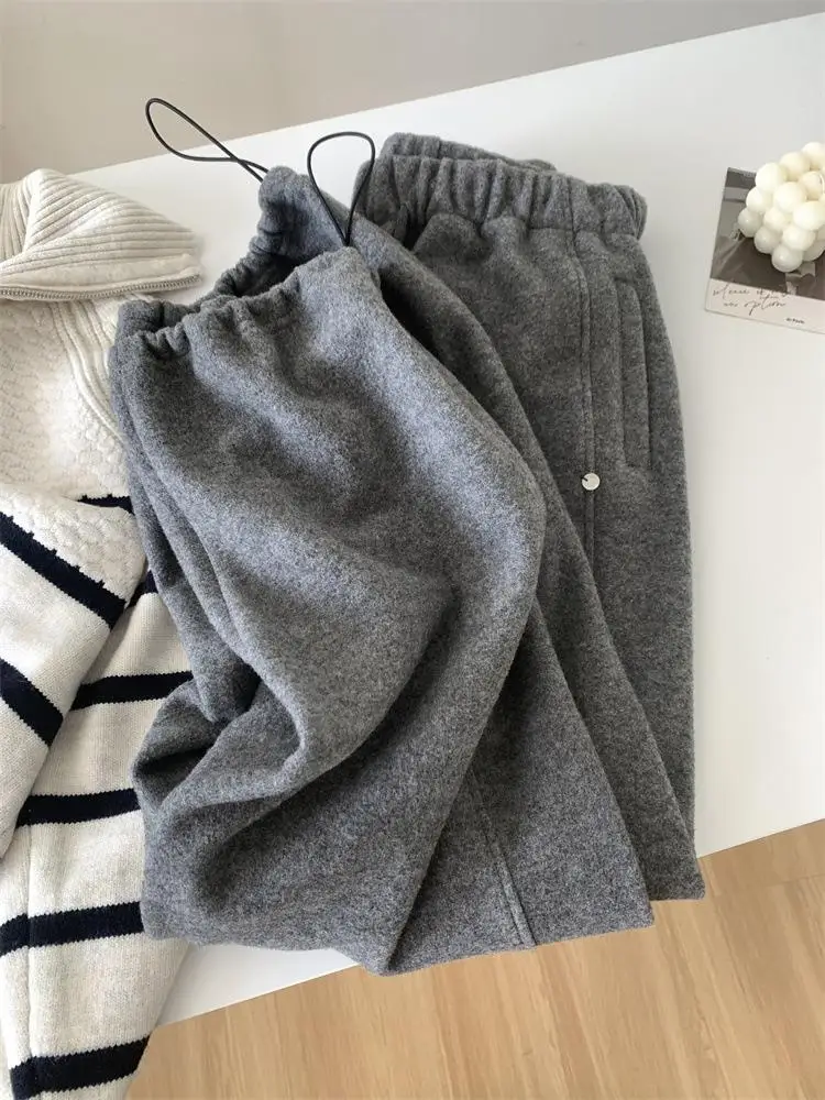 Women Loose Pants Gray Korean Style Glutinous Rice Plush Autumn Winter Warm Fleece Lined Retro Wide Leg Casual Versatile