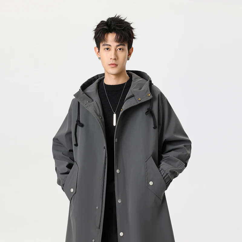 

Мужской ветрозащитный плащ с капюшоном, куртка средней длины, осень 2023, новый стиль, верхняя одежда, модное повседневное пальто, ветровка, мужская ветровка